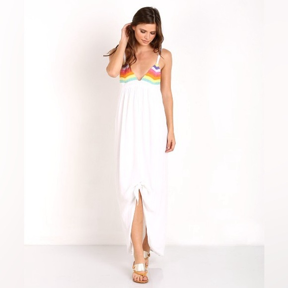 Mara Hoffman Prismactic Tie Maxi Dress Rainbow Crochet Tied Front Slit Size Med - Picture 1 of 10